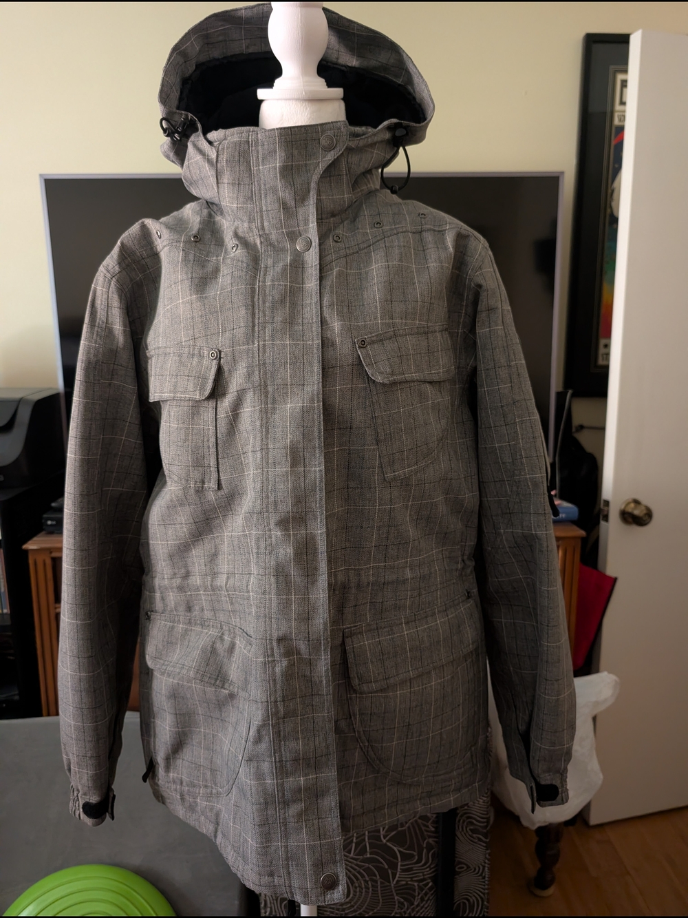 Gray Plaid Women's Ski Jacket with Hood